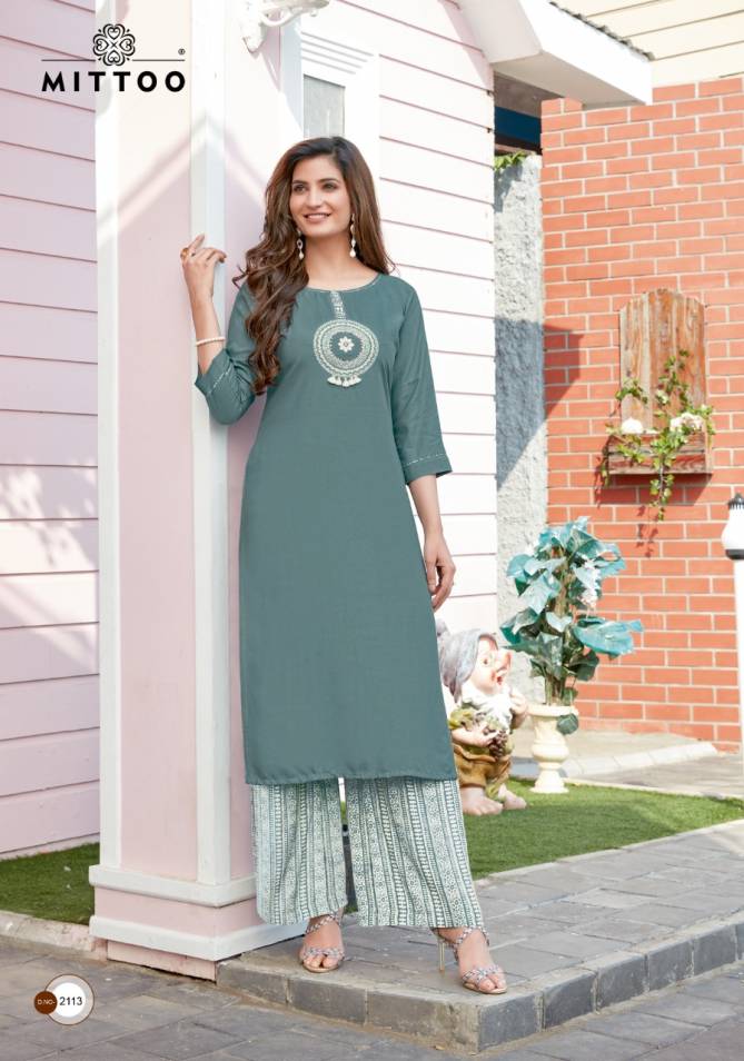 Mittoo Panghat 17 Heavy Rayon Latest Fancy Designer Ethnic Wear Embroidery And Hand Work Long Kurti  With Bottom  Collection